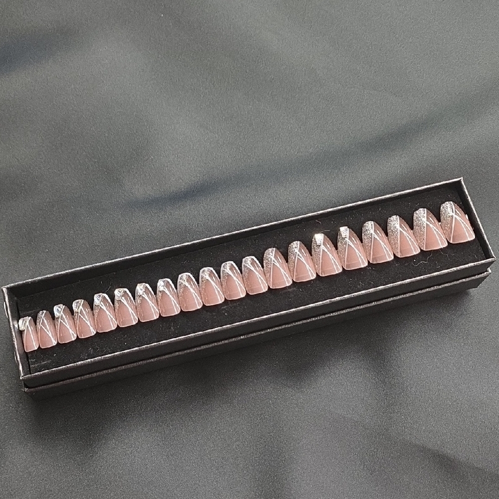 Nude and Silver Press-On Nails